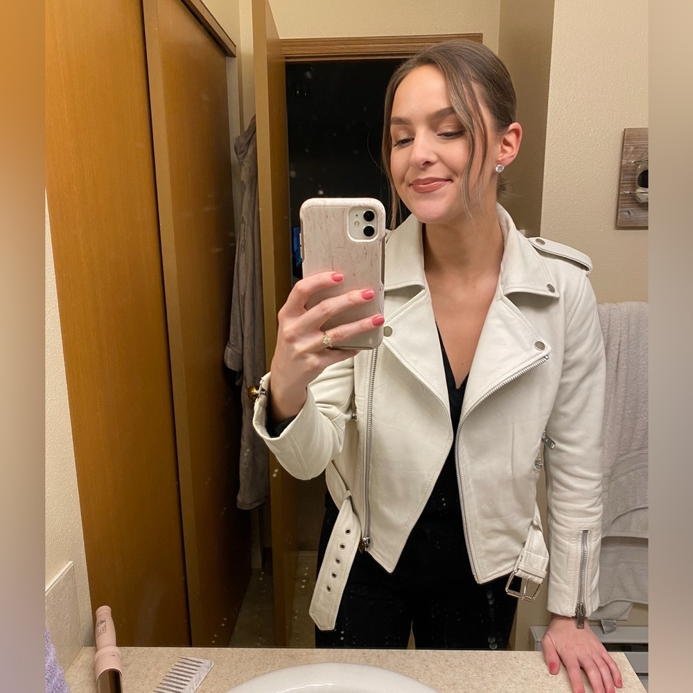 Walter Baker White Leather Motorcycle Jacket with Asymmetrical Zipper